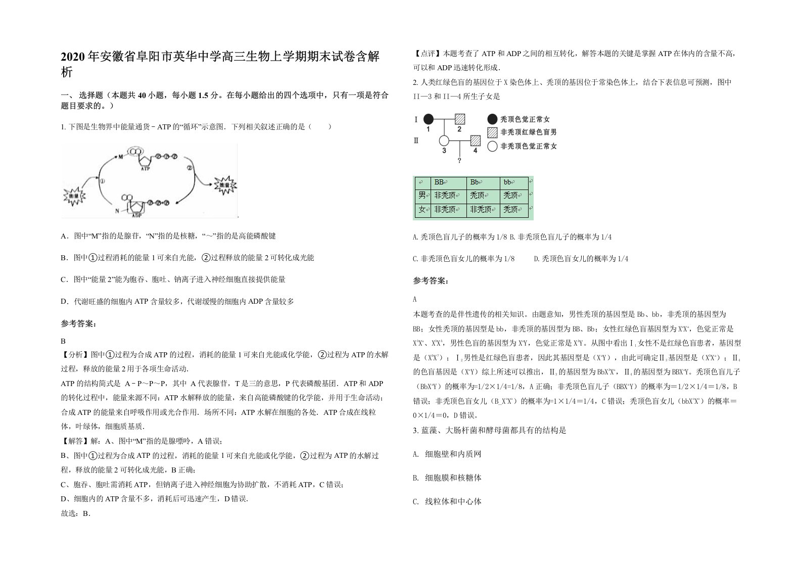 2020年安徽省阜阳市英华中学高三生物上学期期末试卷含解析