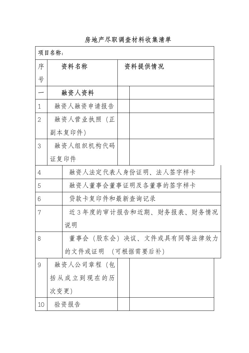 房地产尽职调查材料收集清单