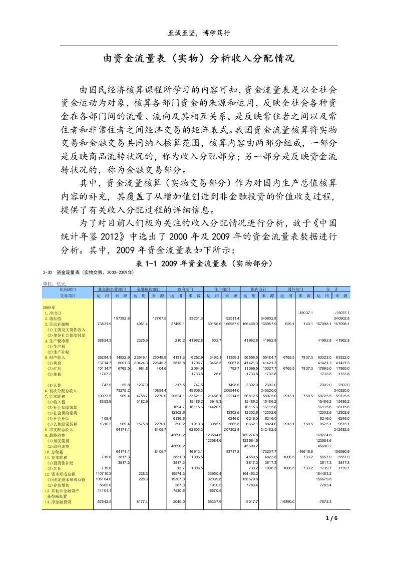 国民经济核算-由资金流量表(实物)分析收入分配情况