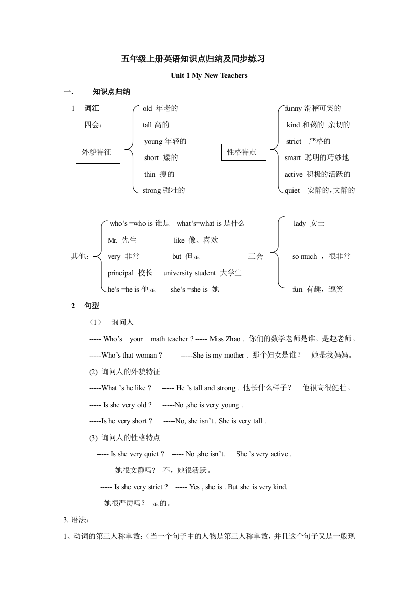 人教版小学英语五年级上册重点知识加语法