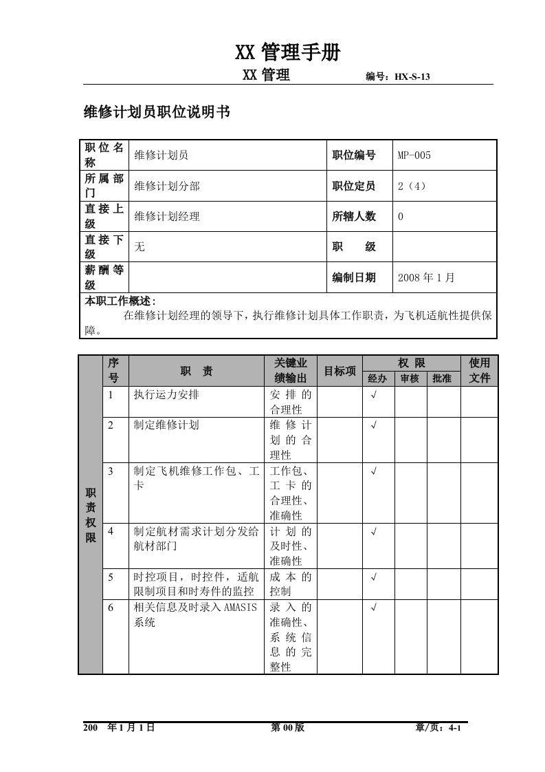 某航空物流公司维修计划员职位说明书及关键绩效标准