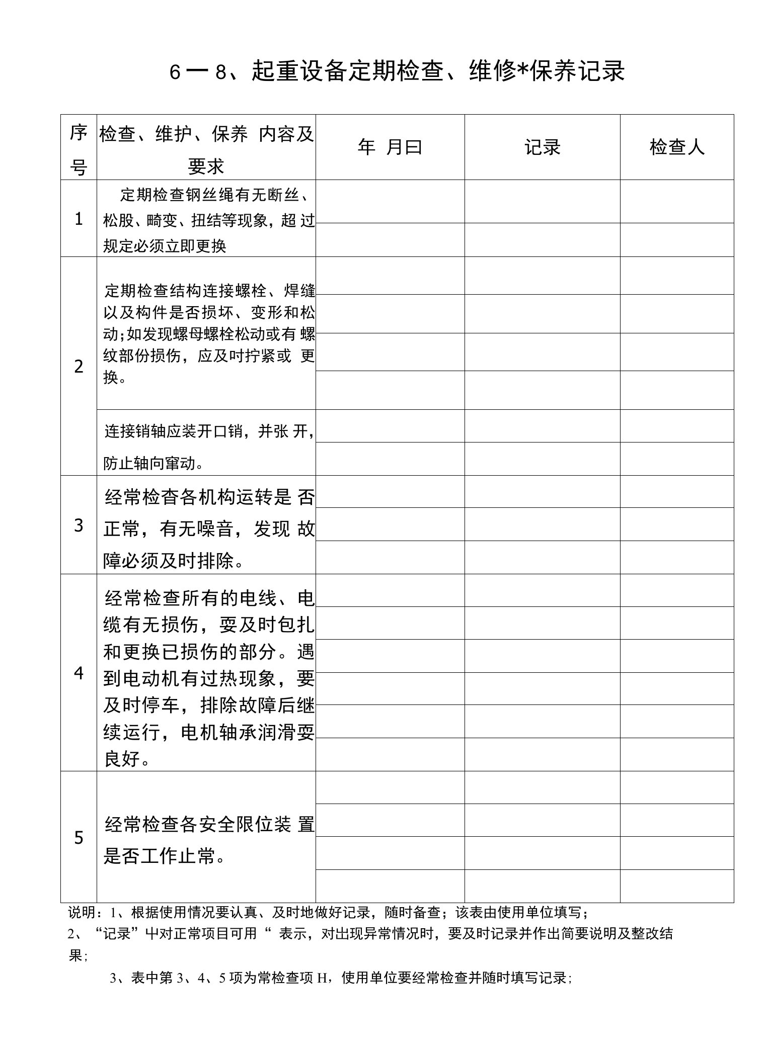 起重设备定期检查、维修、保养记录