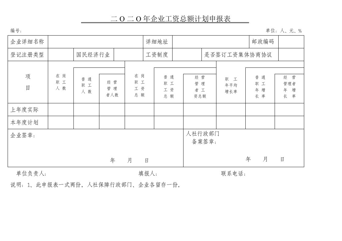 二O二O年企业工资总额计划申报表