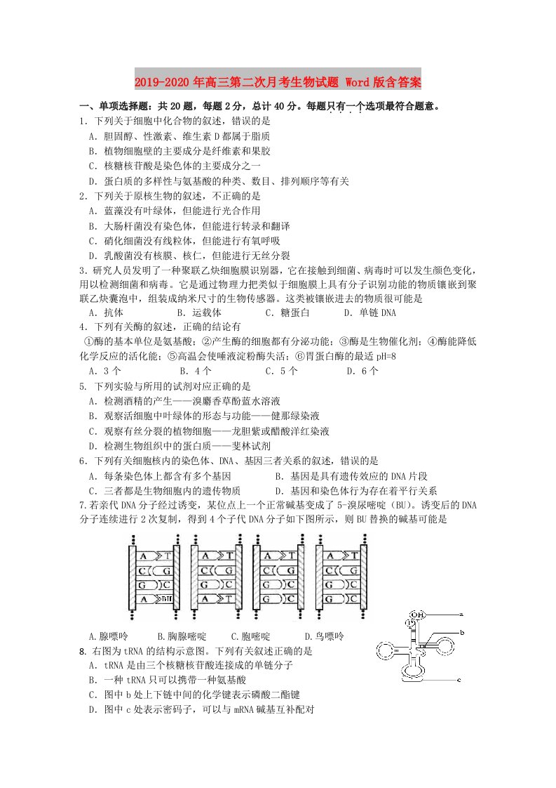 2019-2020年高三第二次月考生物试题