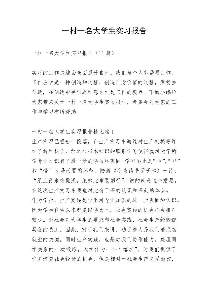 一村一名大学生实习报告