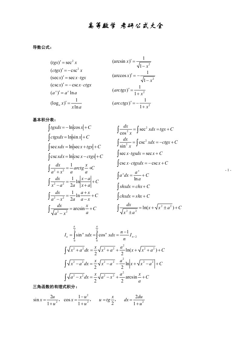 考研数学公式完整