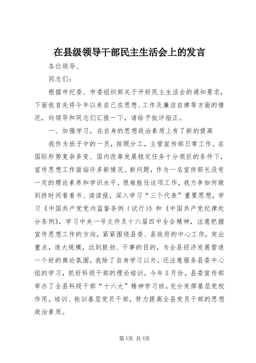 在县级领导干部民主生活会上的发言