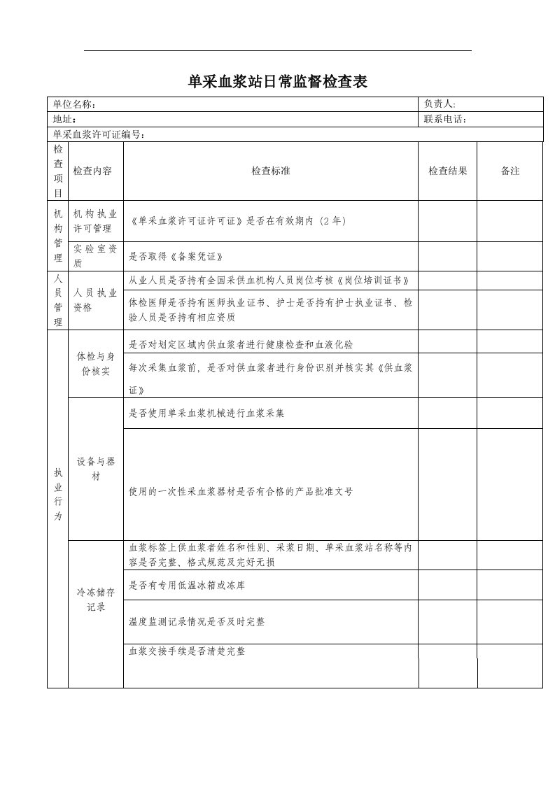 单采血浆站日常监督检查表