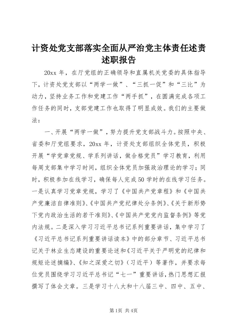 3计资处党支部落实全面从严治党主体责任述责述职报告