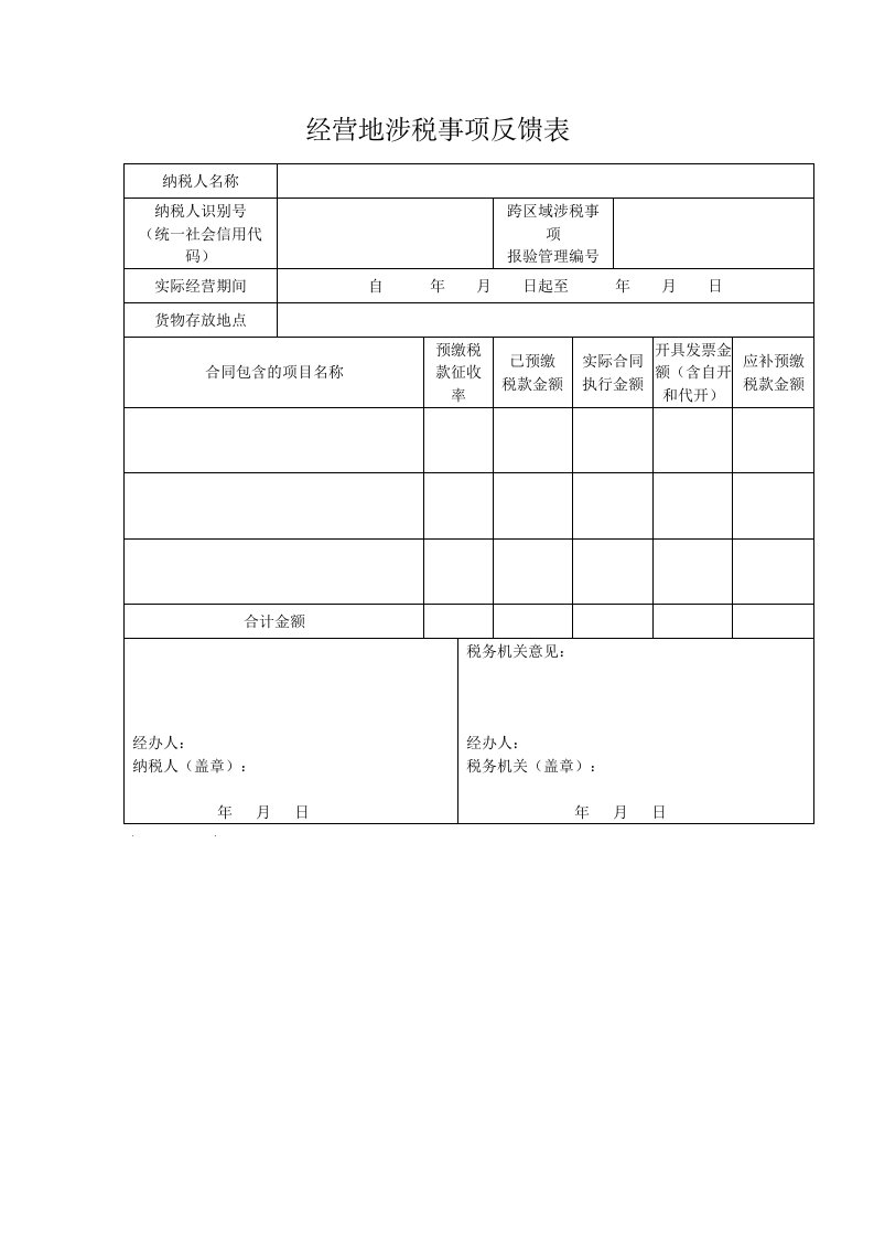 经营地涉税事项反馈表（一）