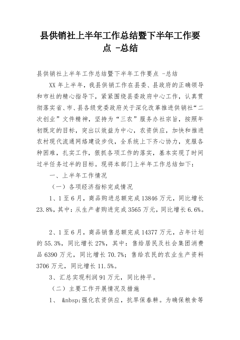 县供销社上半年工作总结暨下半年工作要点