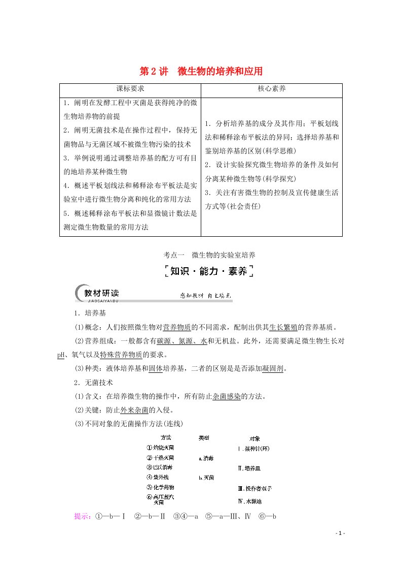 江苏专用2022版高考生物一轮复习选择性必修课程第2讲微生物的培养和应用学案