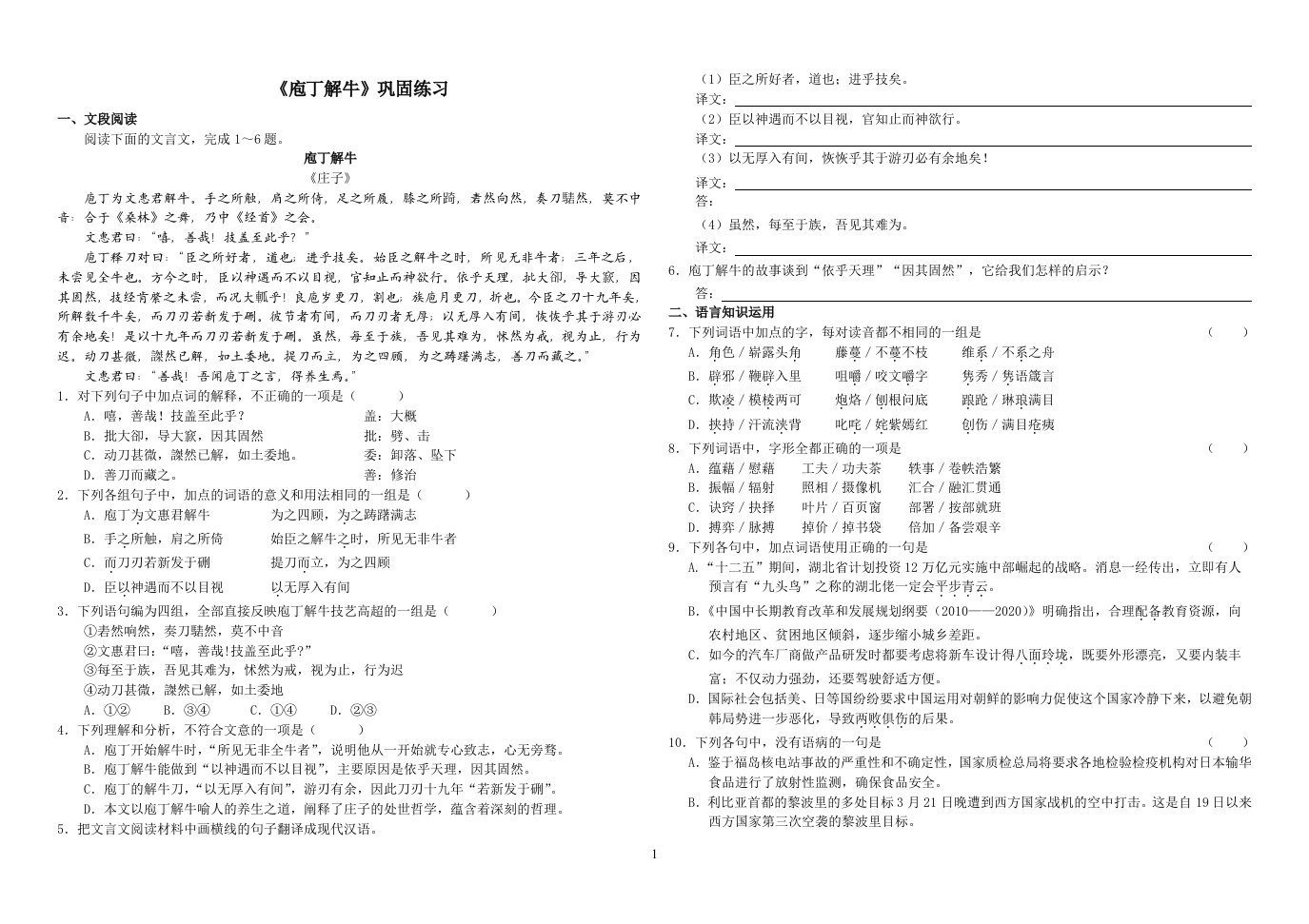 庖丁解牛巩固练习