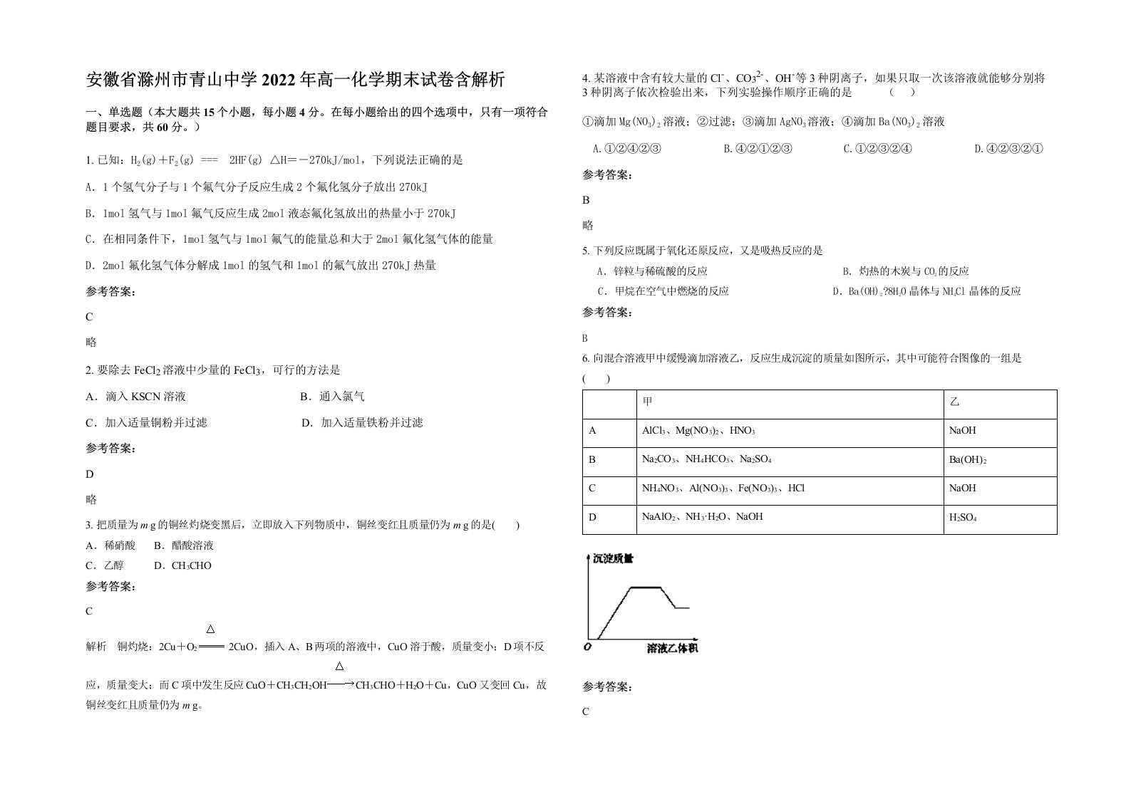 安徽省滁州市青山中学2022年高一化学期末试卷含解析