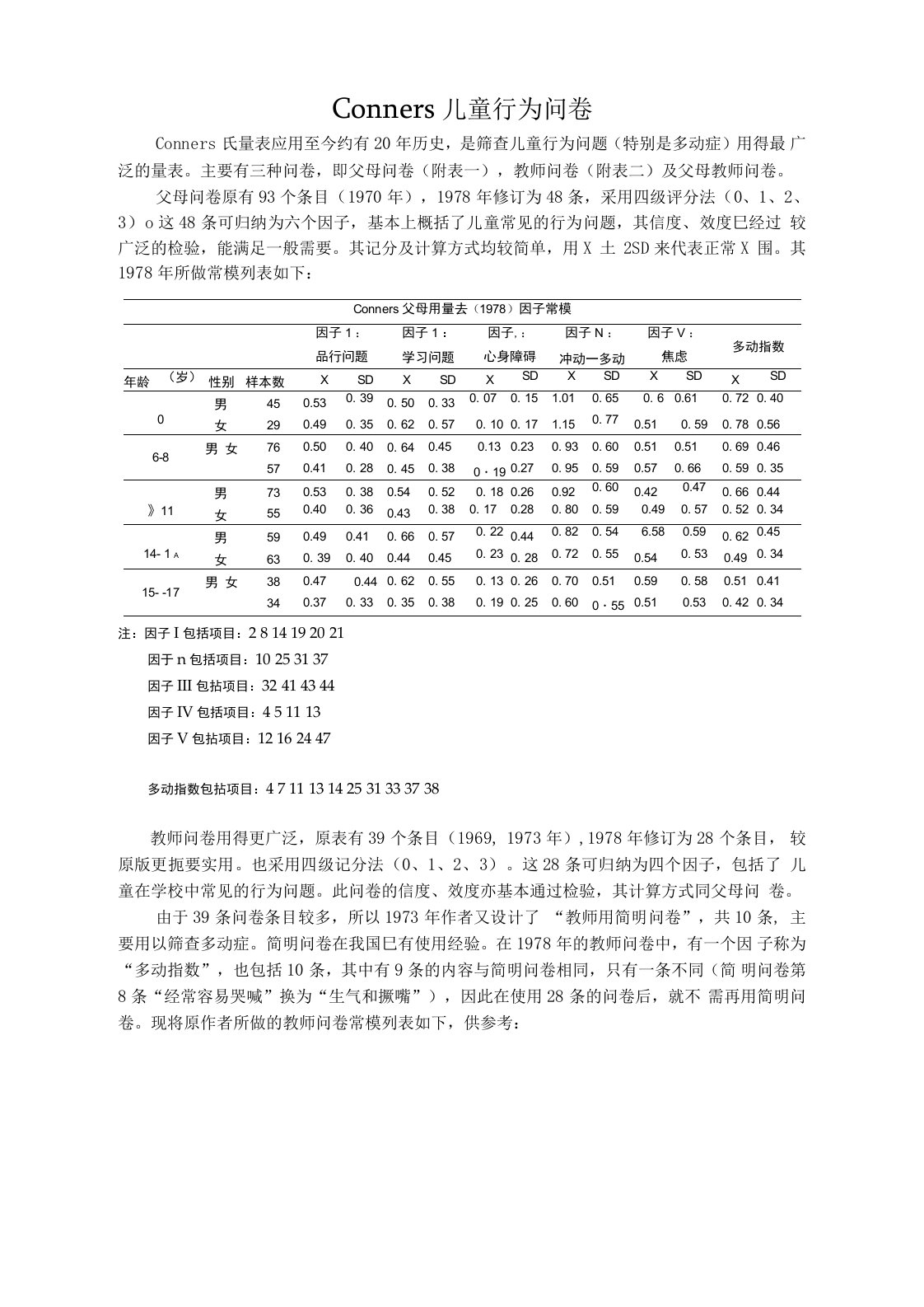 conners儿童行为问卷常模和题目