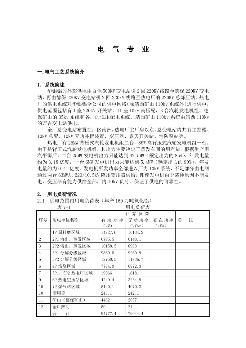 电气工程-华银铝热电厂华银铝的外部供电电气专业