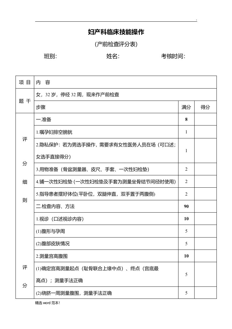 妇产科临床技能考核评分表