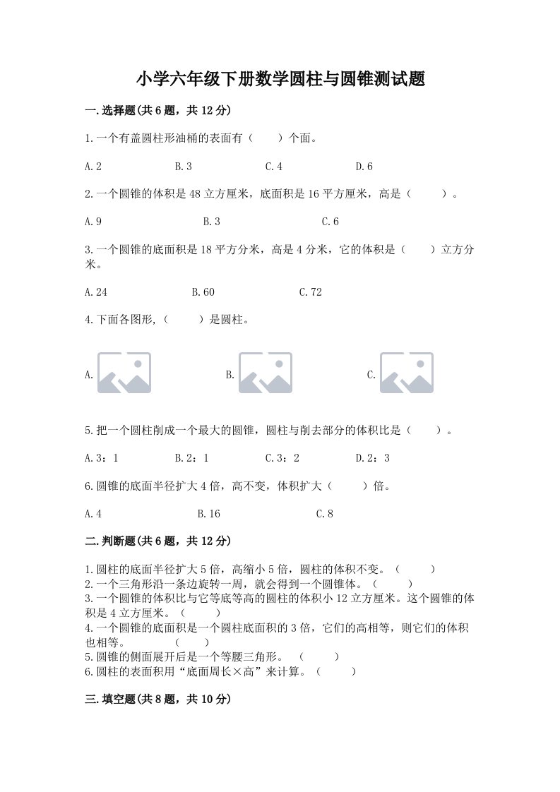 小学六年级下册数学圆柱与圆锥测试题标准卷