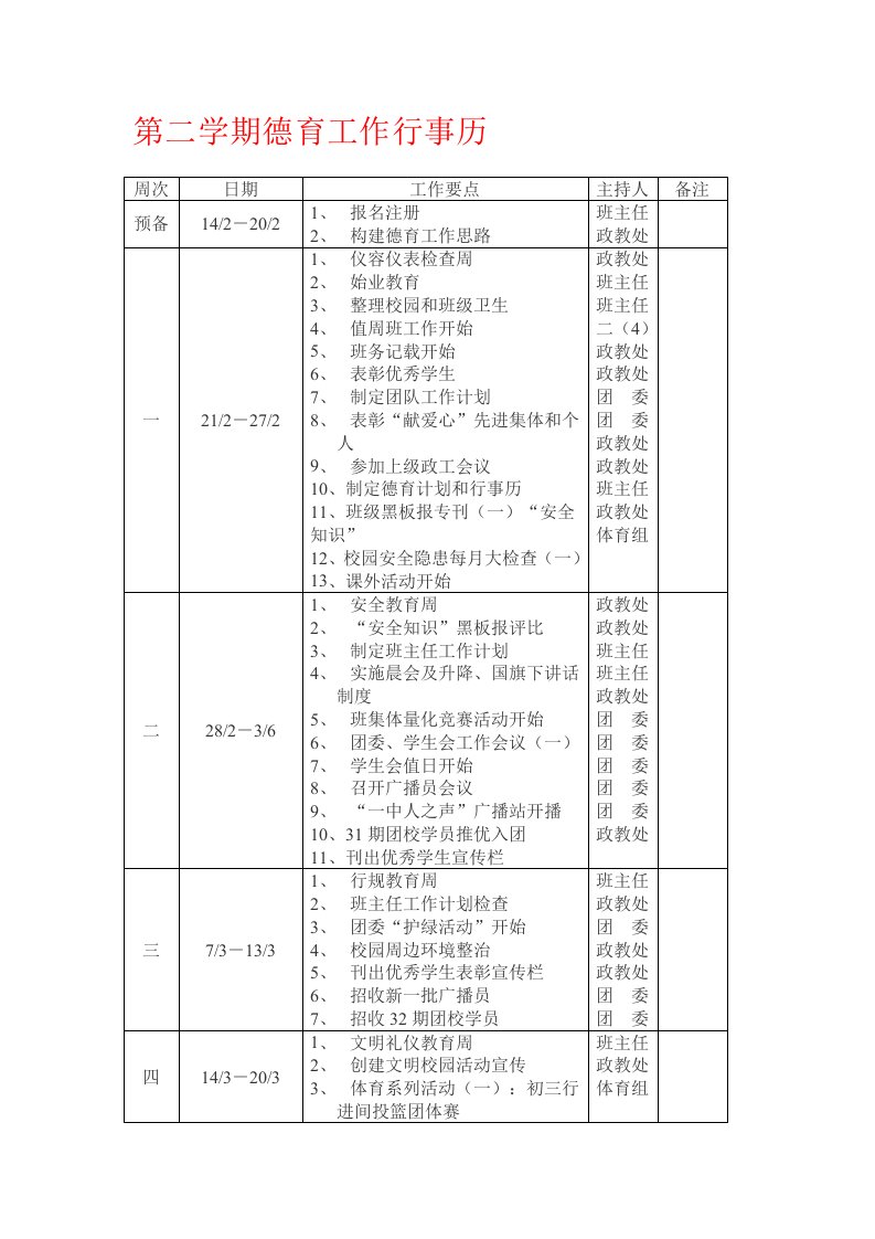 第二学期德育工作行事历