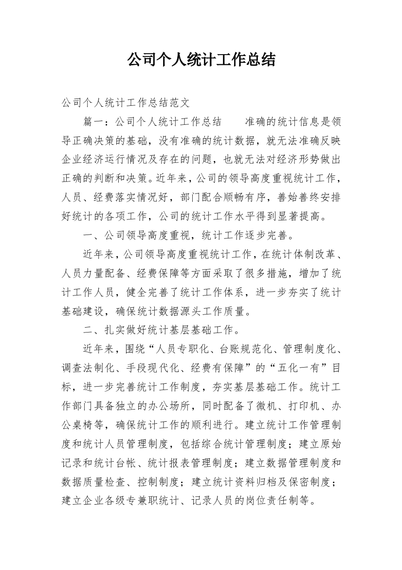 公司个人统计工作总结