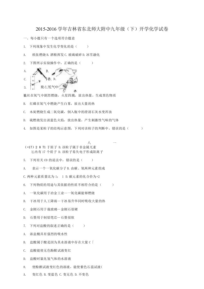 吉林省东北师大附中九年级化学下学期开学试卷含解析新人教版