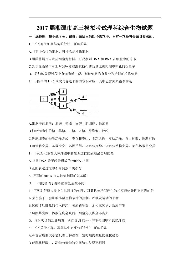 湖南省湘潭市2017届高三5月模拟考试理科综合生物试题Word版含答案