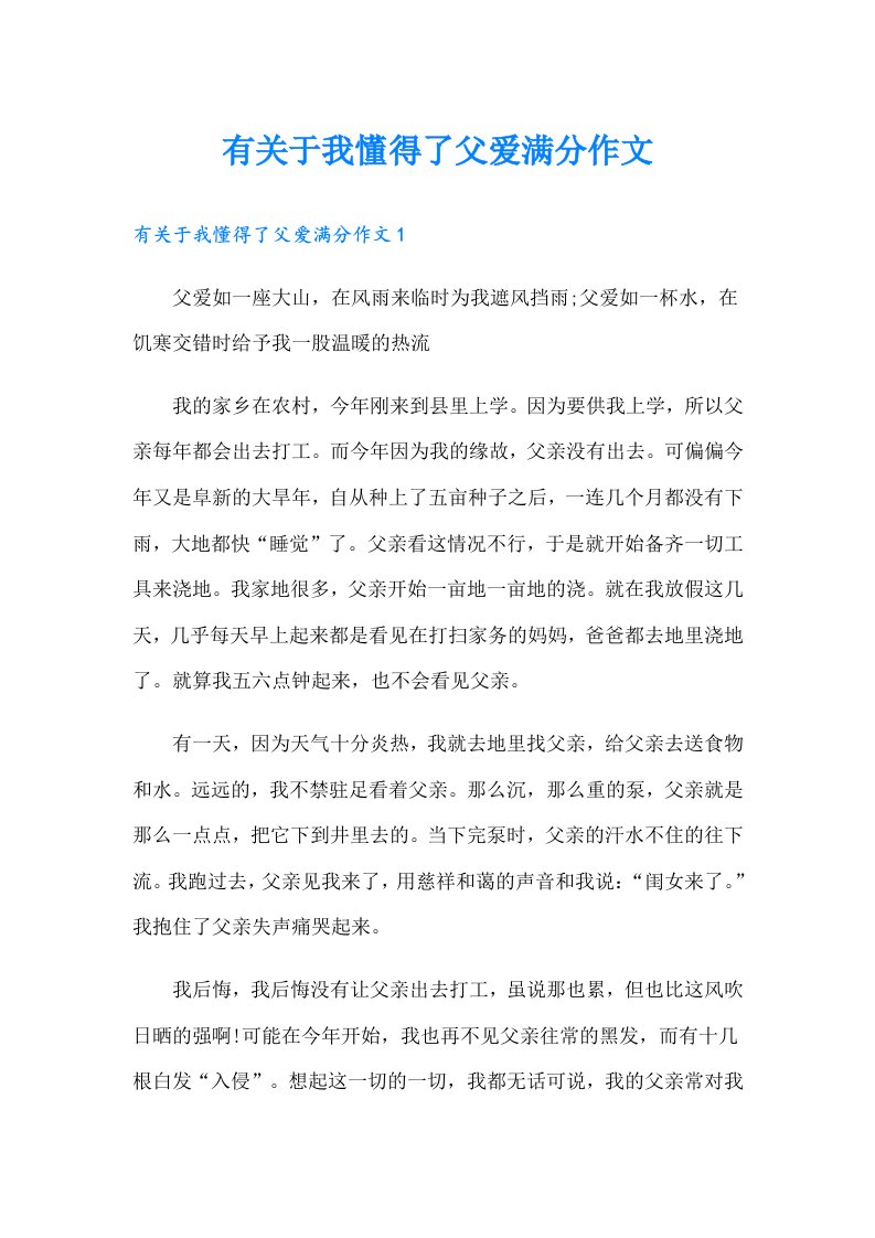 有关于我懂得了父爱满分作文