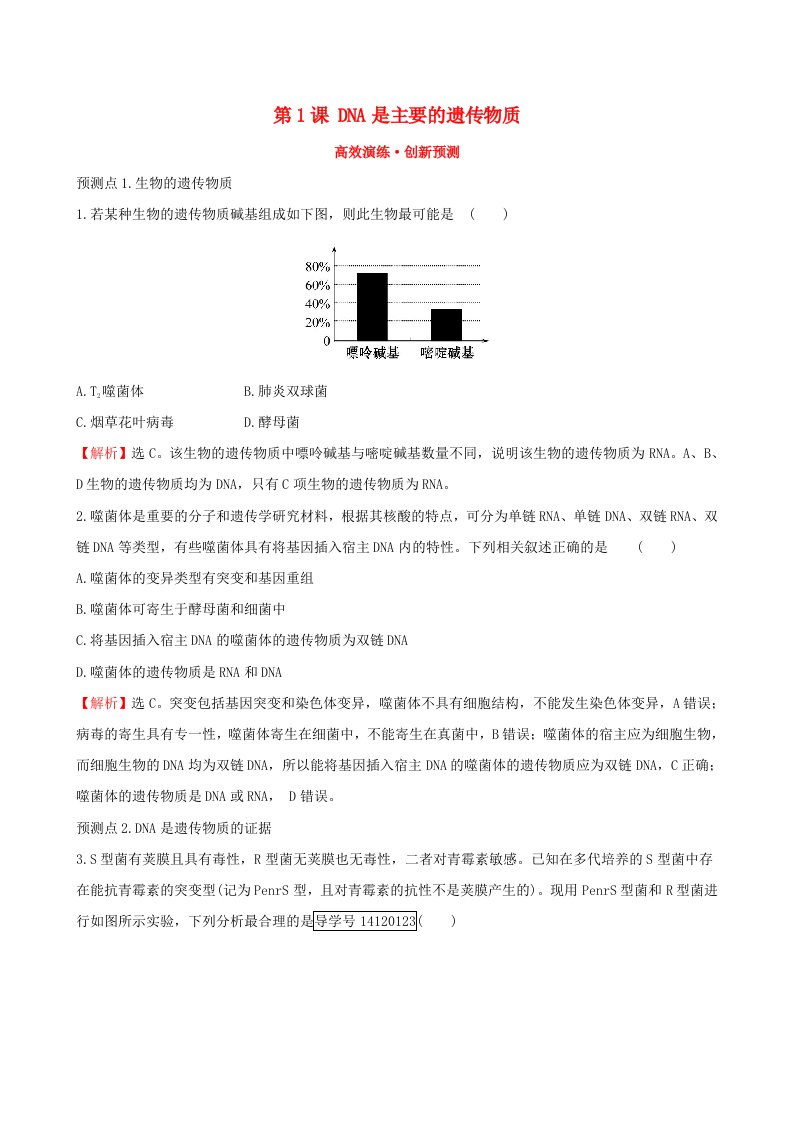 高考生物一轮复习第六单元基因的本质和表达第1课DNA是主要的遗传物质高效演练创新预测新人教版