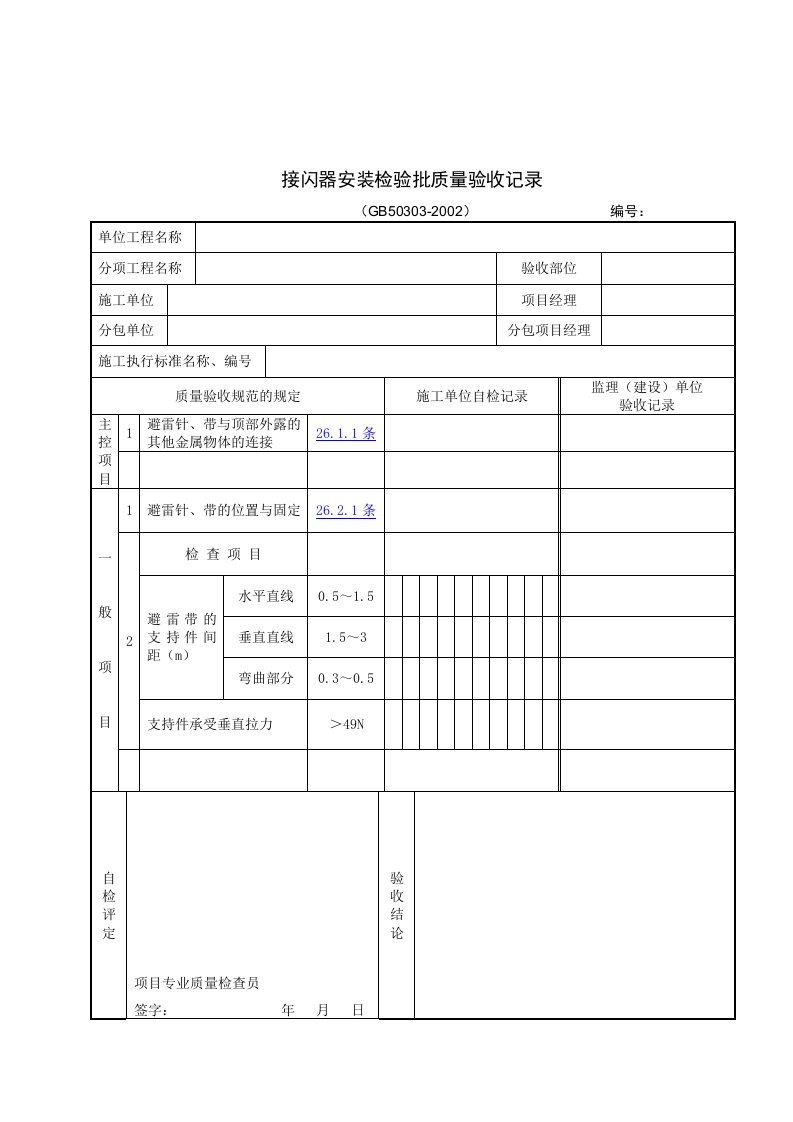 【管理精品】接闪器安装检验批质量验收记录