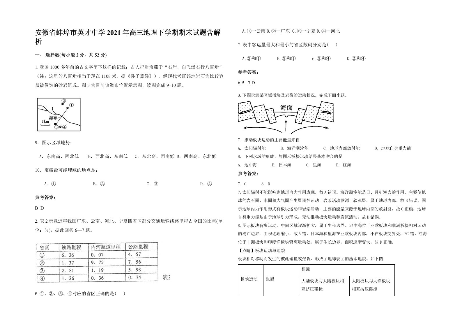 安徽省蚌埠市英才中学2021年高三地理下学期期末试题含解析