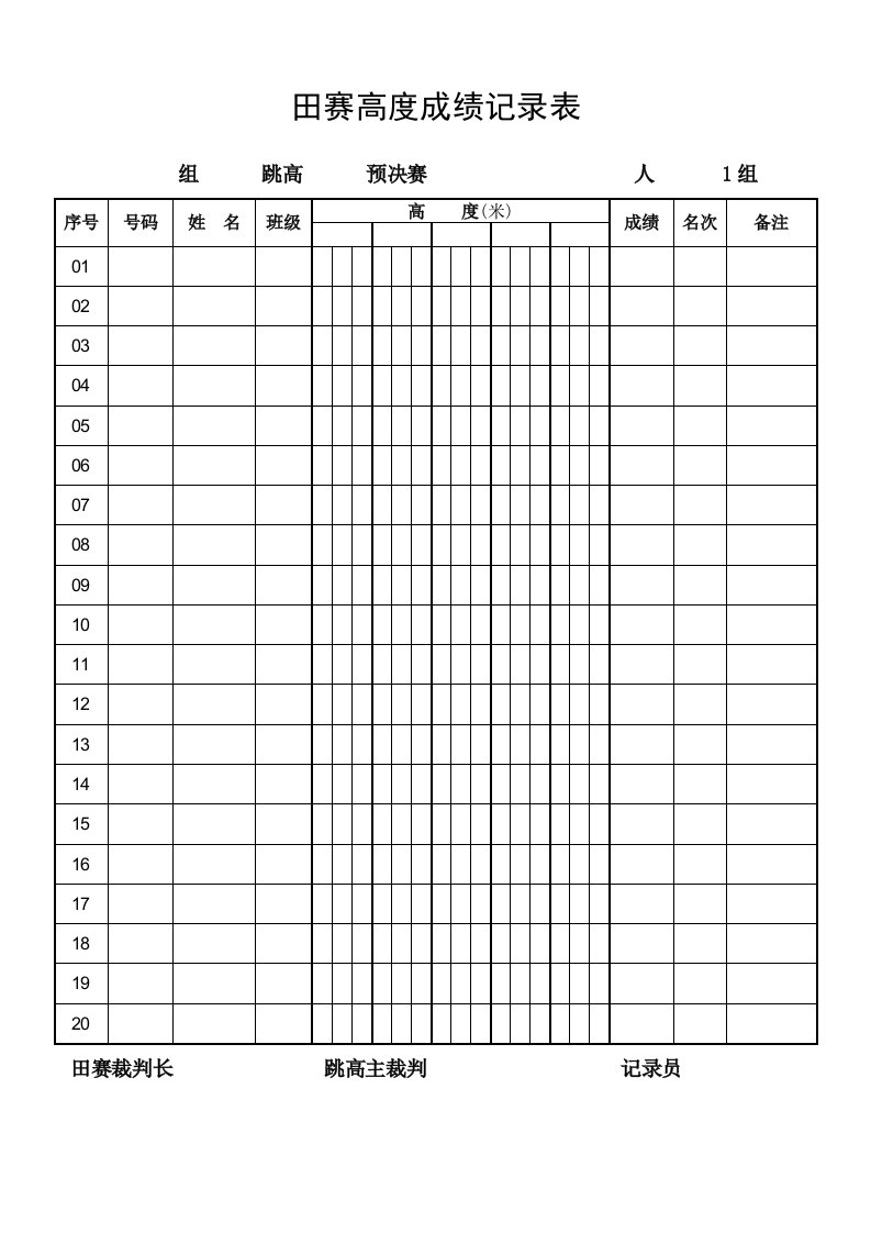 田径运动会应用表格、田赛高度成绩记录表.doc