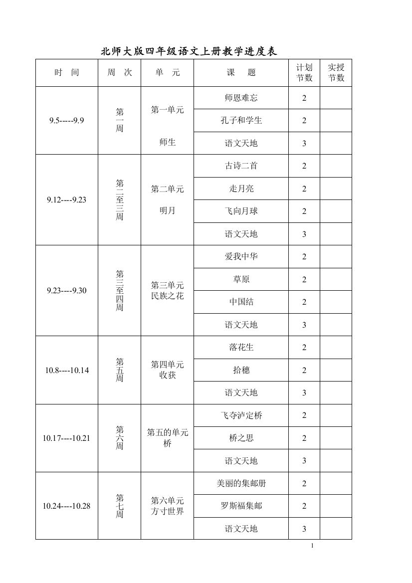 最新2016-2017学年秋季学期北师大版小学四年级语文上册教案可打印