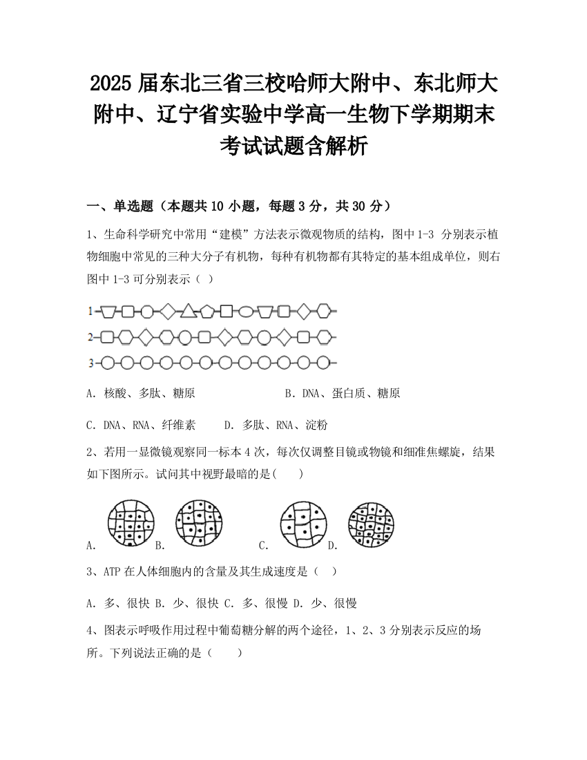 2025届东北三省三校哈师大附中、东北师大附中、辽宁省实验中学高一生物下学期期末考试试题含解析