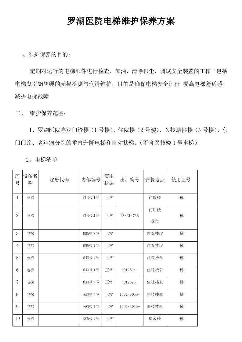 罗湖医院电梯维护保养方案