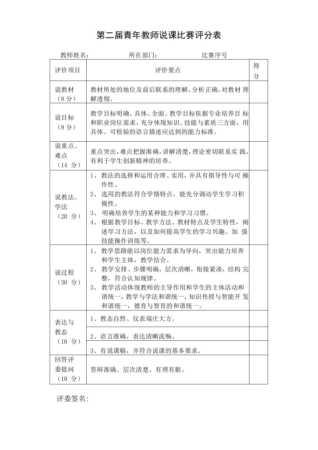 第二届青年教师说课比赛评分表