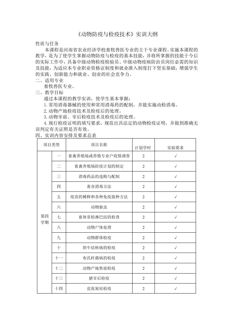 动物防疫与检疫实训大纲