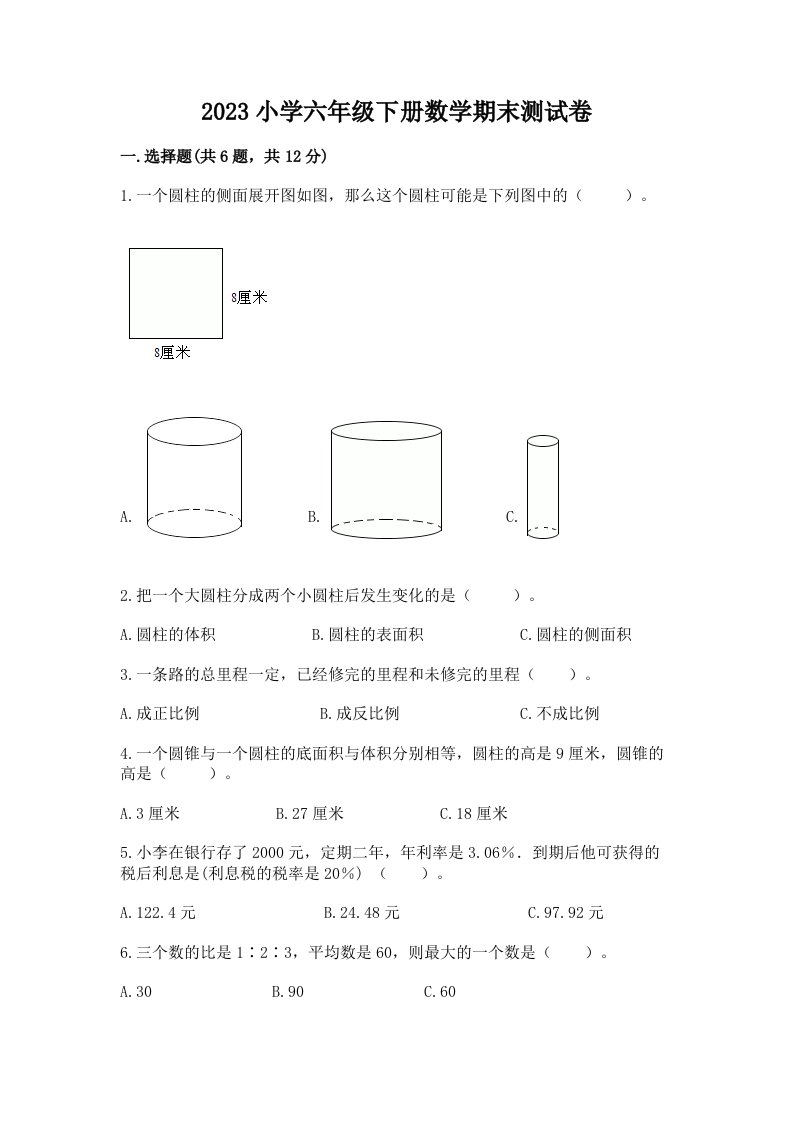 2023小学六年级下册数学期末测试卷（必刷）