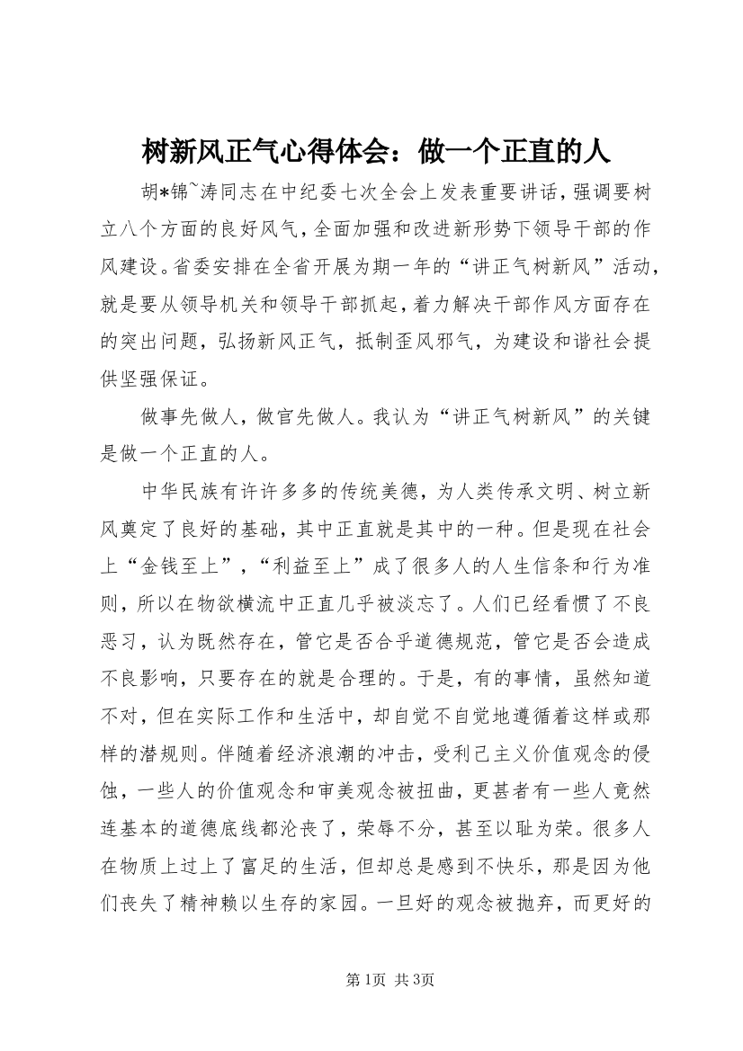 树新风正气心得体会：做一个正直的人