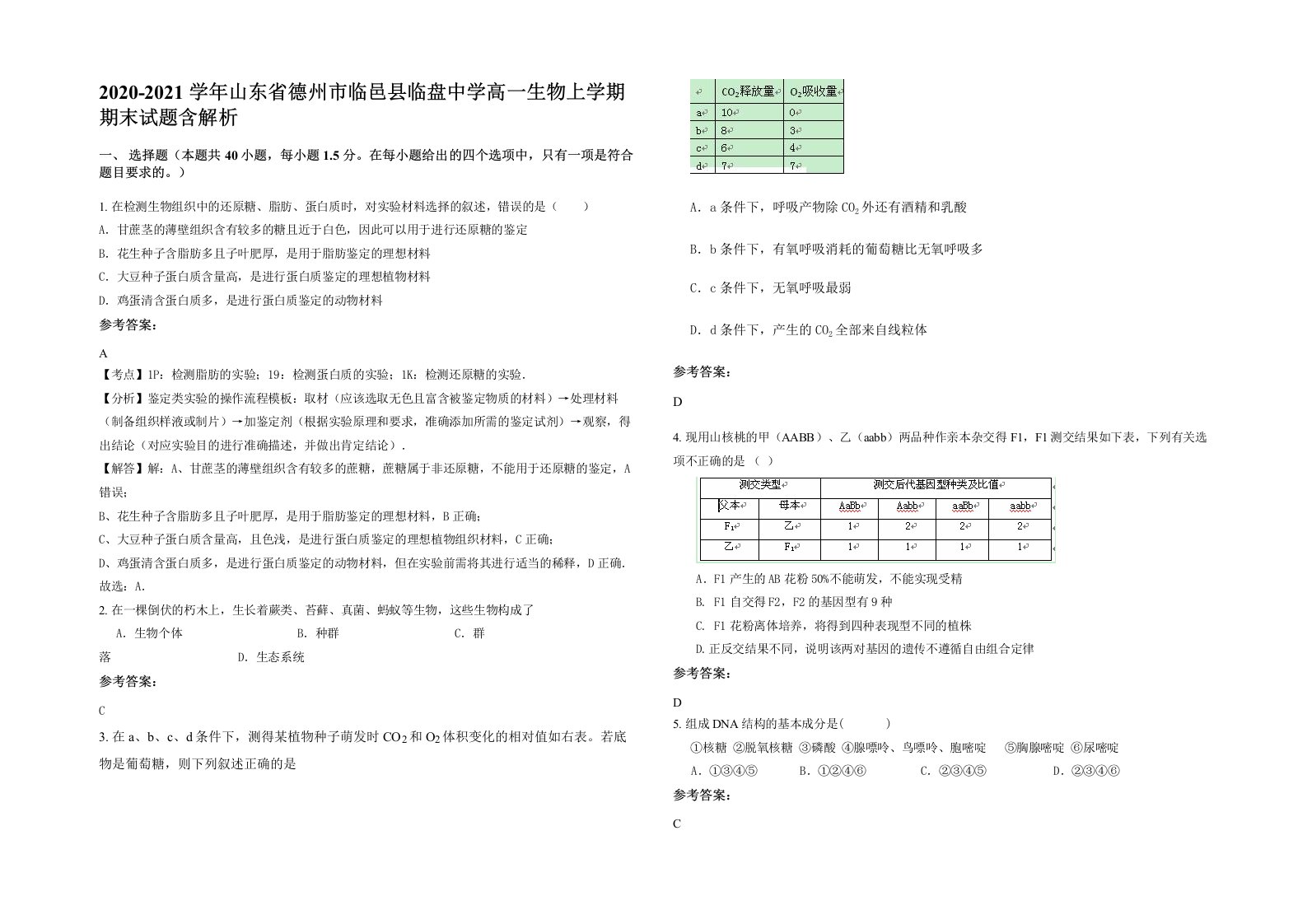 2020-2021学年山东省德州市临邑县临盘中学高一生物上学期期末试题含解析