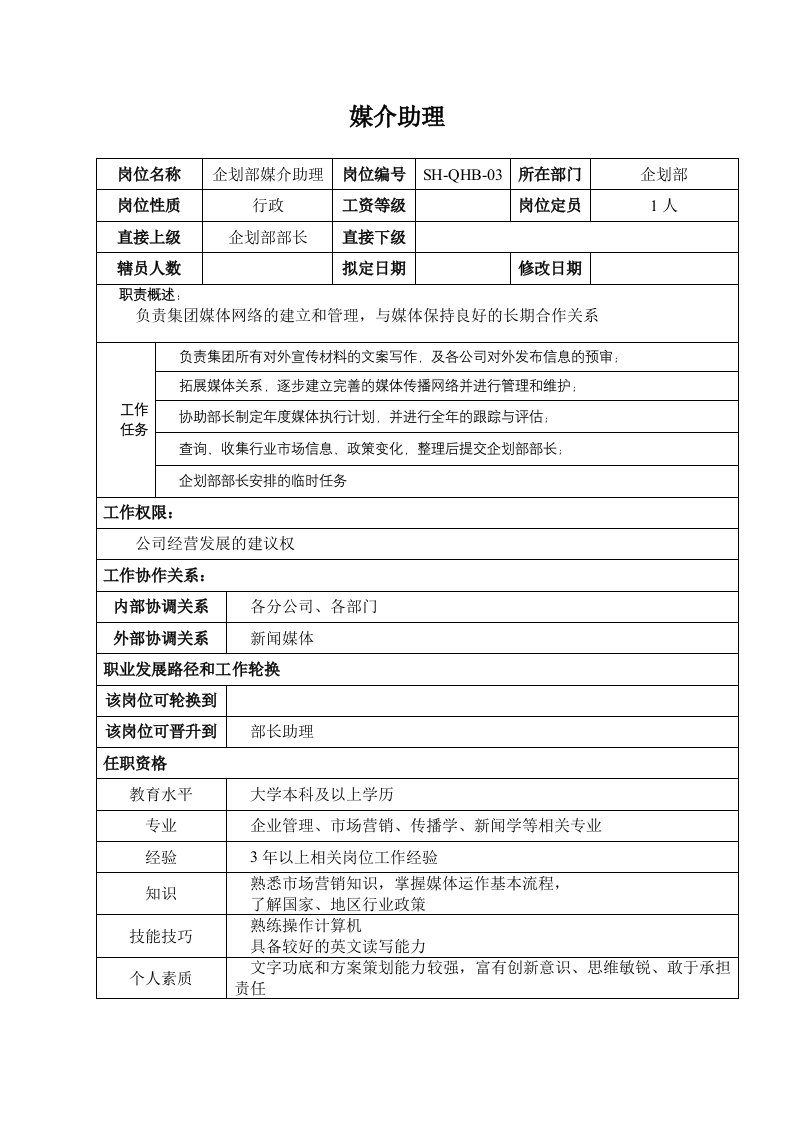 某汽车集团企划部媒介助理岗位说明书