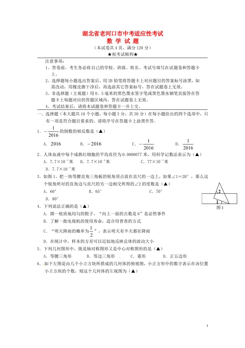 湖北省老河口市中考数学适应性试题