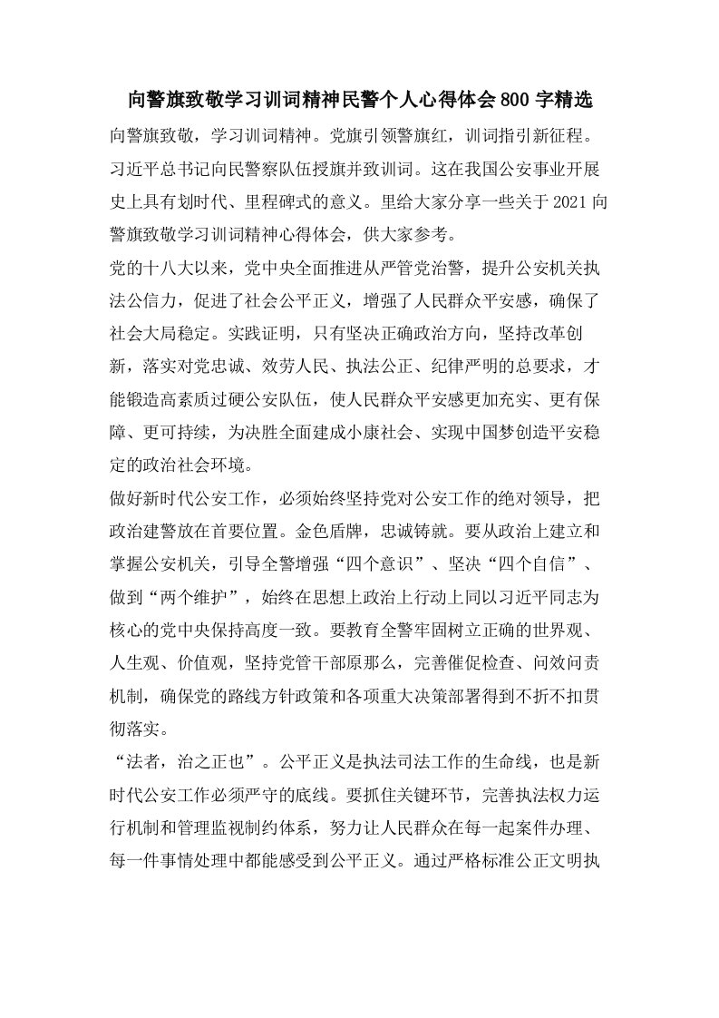 向警旗致敬学习训词精神民警个人心得体会800字