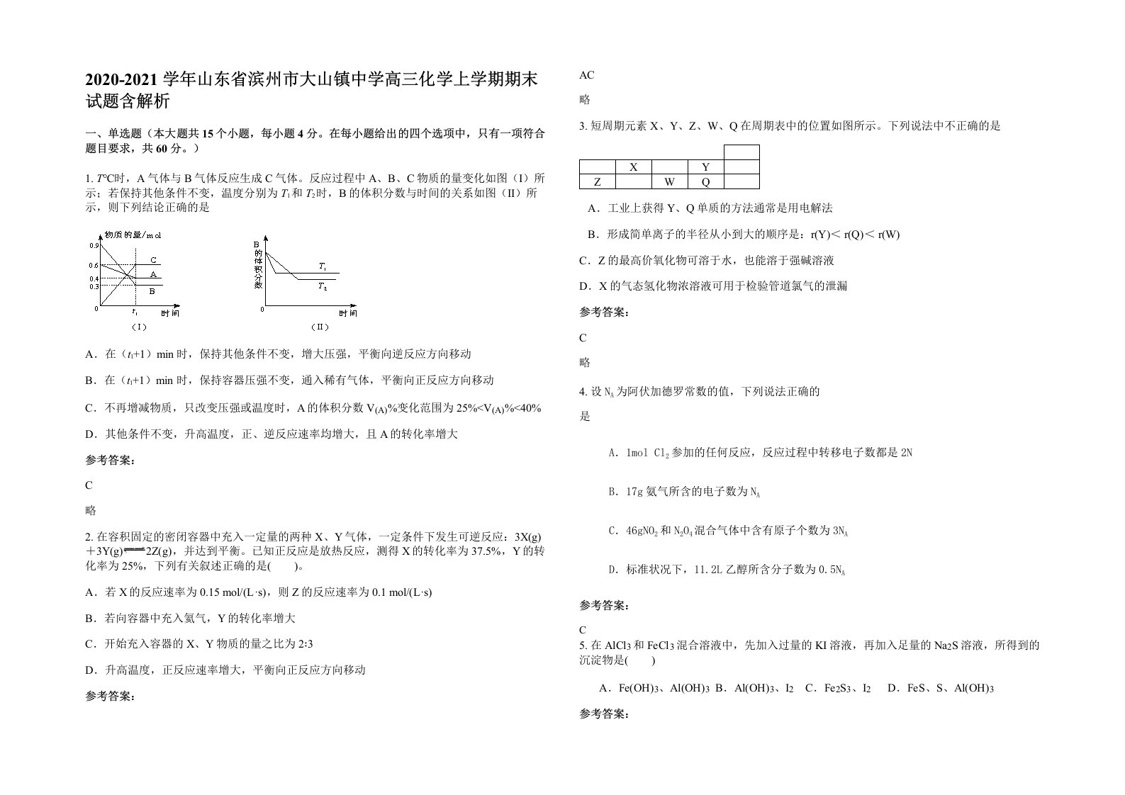 2020-2021学年山东省滨州市大山镇中学高三化学上学期期末试题含解析