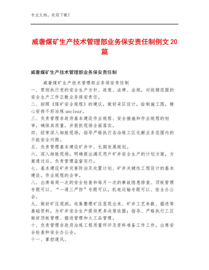 威奢煤矿生产技术管理部业务保安责任制例文20篇