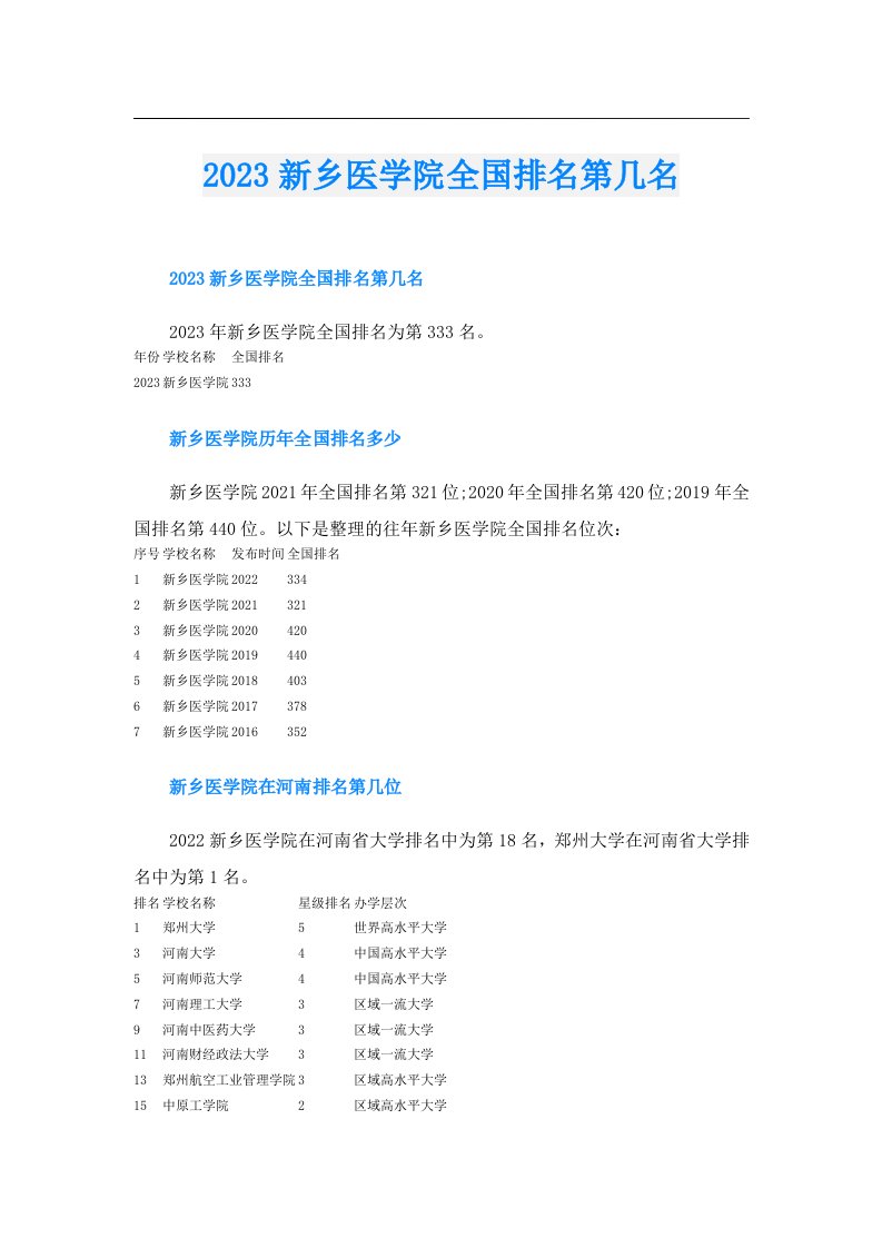 新乡医学院全国排名第几名