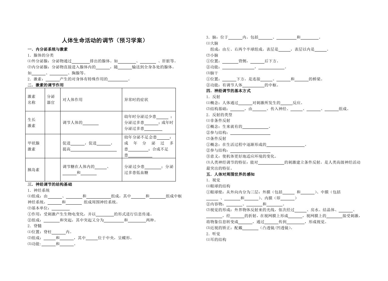 人体生命活动的调节（预习学案）