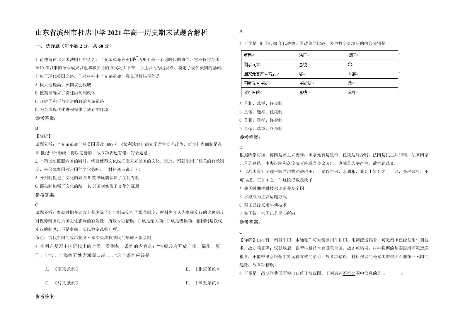 山东省滨州市杜店中学2021年高一历史期末试题含解析