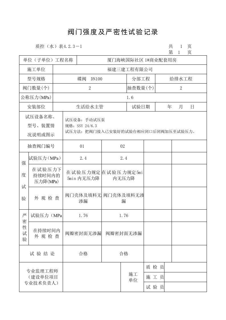 阀门强度及严密性试验报告