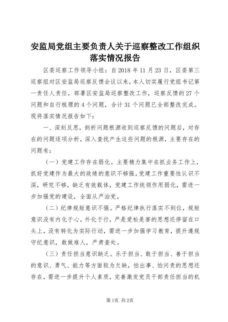 安监局党组主要负责人关于巡察整改工作组织落实情况报告