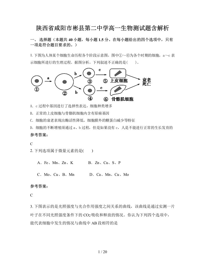 陕西省咸阳市彬县第二中学高一生物测试题含解析